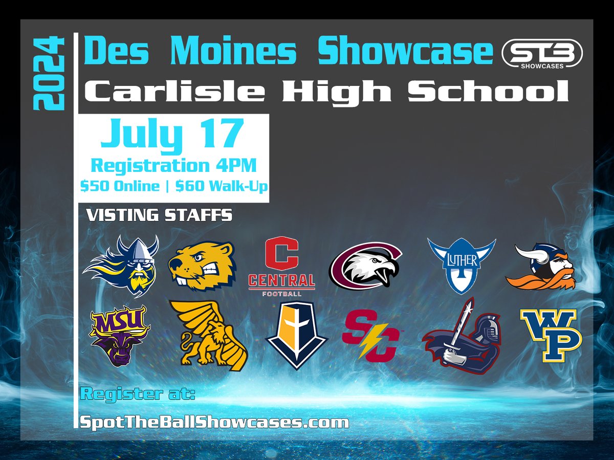 STB Showcases (@stb_showcases) on Twitter photo Less than 1โฃ2โฃ Hours left to register online!
๐bit.ly/STBDesMoines20โฆ
๐๏ธJuly 17th
๐ <a href="/RollCats/">Carlisle Football</a>
Registration 4PM๐ป
Camp 5PM๐
Walk-Ups Welcome๐ซก
#STBShowcases Less than 1โฃ2โฃ Hours left to register online!
๐bit.ly/STBDesMoines20โฆ
๐๏ธJuly 17th
๐ <a href="/RollCats/">Carlisle Football</a>
Registration 4PM๐ป
Camp 5PM๐
Walk-Ups Welcome๐ซก
#STBShowcases
