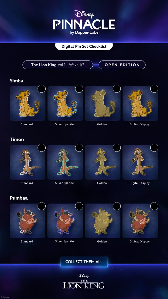 DisneyPinnacle's tweet photo. ✍🏻Track your progress as you collect each digital pin in the Disney The Lion King Vol.1 set!
1. Download this image⬇️
2. Mark each checkbox as you collect each pin variant✅
3. Show off your progress by sharing on your socials with #DigitalPinSet🎉 https://t.co/BAwLN180py