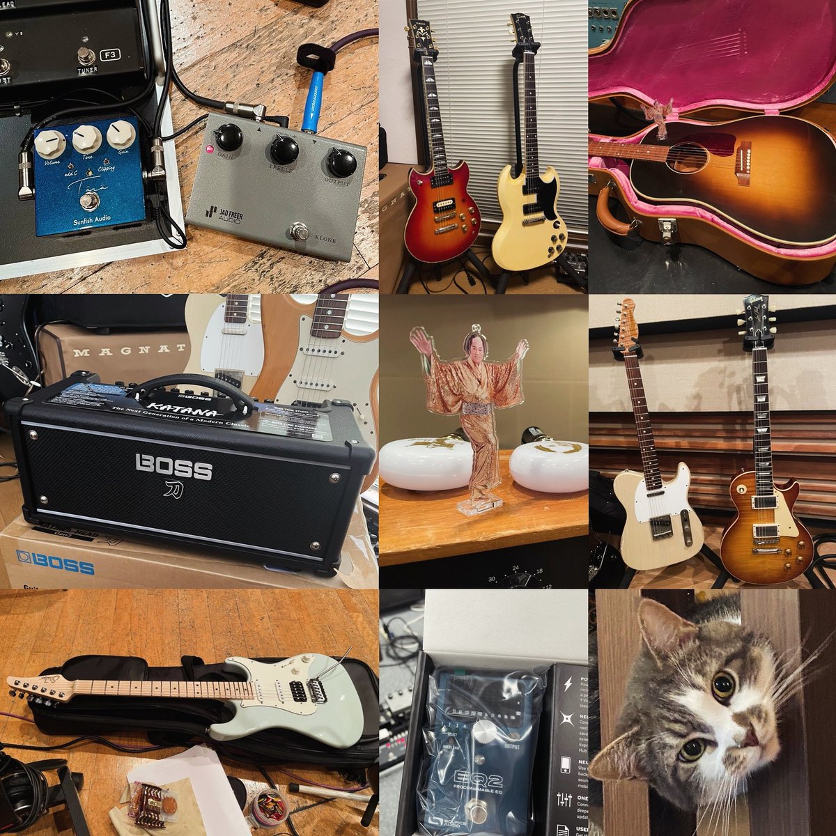 takashimasuzaki's tweet photo. My vitality elements🫶🏻
#sunfishaudiotara
#jadklone
#rig
#katanaheadgen3
#magnatone
#lettlewalter59
#gibson
#fender
#suhrguitars
#xoticguitars
#threedotsguitars
#sourceaudio
#asterope
#friends
#運命共同体
#愛すべき仕事仲間
#cats https://t.co/PBsmctpaCb