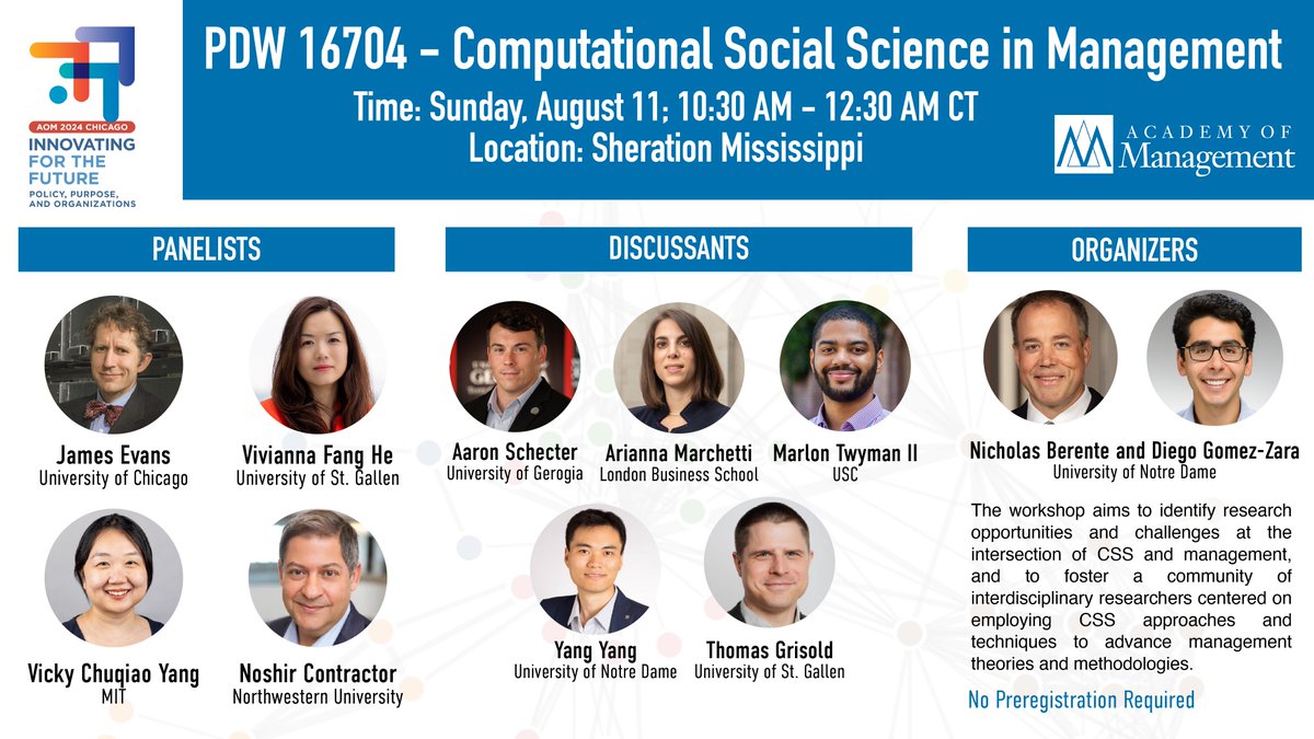 Diego Gómez Zará (@dgzara) on Twitter photo As #IC2S2 starts this week, we want to invite all Computational Social Scientists attending <a href="/AOMConnect/">Academy of Management</a> to attend our PDW. We will explore how lessons and approaches of CSS can inform management science. We will have incredible panelists and discussants. Don't miss it :)! As #IC2S2 starts this week, we want to invite all Computational Social Scientists attending <a href="/AOMConnect/">Academy of Management</a> to attend our PDW. We will explore how lessons and approaches of CSS can inform management science. We will have incredible panelists and discussants. Don't miss it :)!