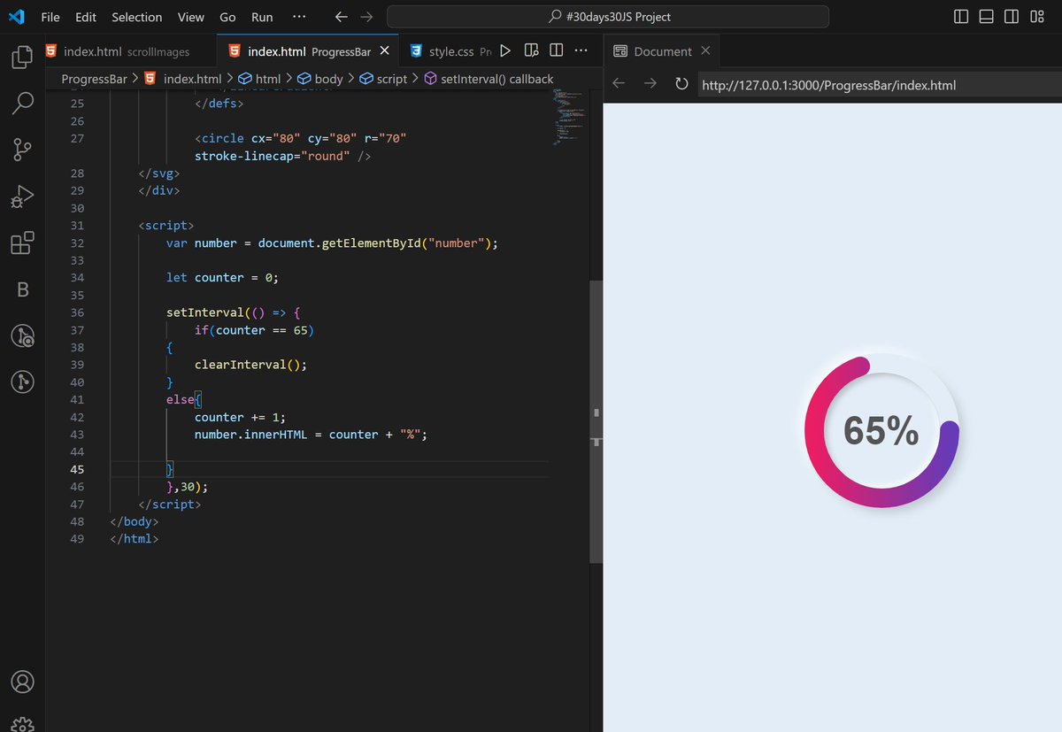 SunyPraaati1's tweet image. 🚀 Project 19 of #30Days30JS: Circular Progress Bar 

Excited to share my latest creation in my JavaScript project series! Today, I developed a dynamic Circular Progress Bar using #HTML, #CSS, and #JS. This project showcases smooth animations and interactive progress tracking.