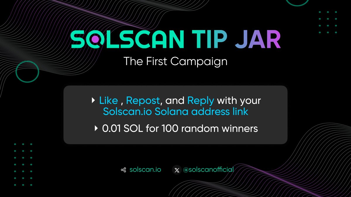 (1/2) SOLSCAN BLINKS TIP JAR SEASON #1

To celebrate @Solana Blinks Tip Feature, we are sending out tips to at least 100 lucky participants.

✨ How to Enter:
1️⃣Like this post
2️⃣Retweet this post
3️⃣Reply with your solscan.io <a href="/solana/">Solana</a> address link

🎁 Rewards👇