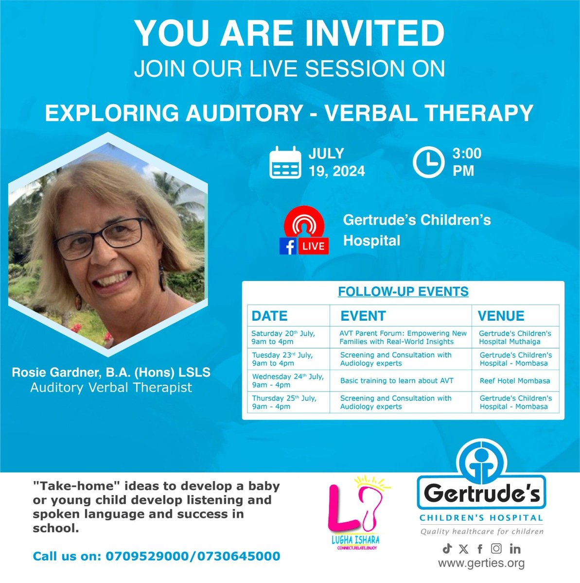 Join us this Friday for a webinar Exploring Auditory-Verbal Therapy and Shaping a Child's brain that has experienced hearing loss to learn to listen. From Understanding the changes to the key to success in children.<a href="/GertrudesHosp/">Gertrude's Children's Hospital</a> #GertrudesKe #GertrudesCares #ChildWellBeing