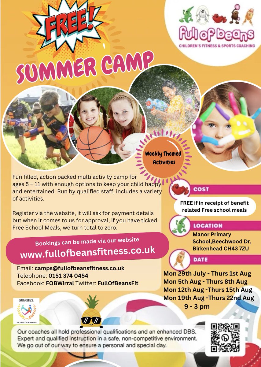 FREE Summer Camp at @manorprimarywirral over holidays

Book here for those on free school meals

➡️  bit.ly/3Y75Og0

LOTS of fun activies over 4 weeks Monday - Thursday 9am - 3pm

#haf2024 

@edsentialuk @wirralcouncil <a href="/educationgovuk/">Department for Education</a>