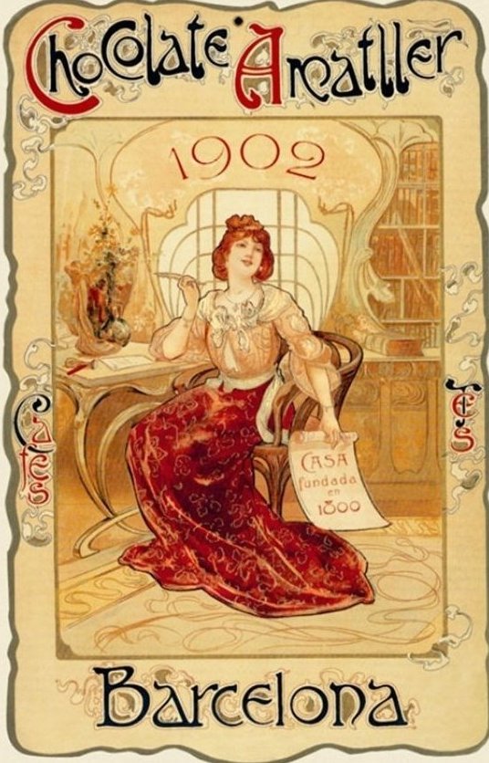 wikivictorian's tweet photo. Chocolate Amatller posters made by Czech painter Alphonse Mucha, 1900-02. https://t.co/vfZ2PU3WnR