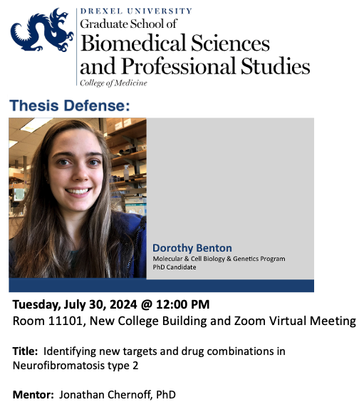DrexelMCBG (@drexelmcbg) on Twitter photo MCBG Thesis Defense 🧬🧬🧬
Dorothy Benton, PhD candidate <a href="/DrexelMcbg/">DrexelMCBG</a>
Tuesday, July 30, 12:00 PM
NCB Room 11101
Identifying new targets and drug combinations in Neurofibromatosis type 2
Mentor: Jonathan Chernoff, PhD <a href="/jondchernoff/">jonathan chernoff</a> <a href="/FoxChaseCancer/">Fox Chase Cancer Center</a> MCBG Thesis Defense 🧬🧬🧬
Dorothy Benton, PhD candidate <a href="/DrexelMcbg/">DrexelMCBG</a>
Tuesday, July 30, 12:00 PM
NCB Room 11101
Identifying new targets and drug combinations in Neurofibromatosis type 2
Mentor: Jonathan Chernoff, PhD <a href="/jondchernoff/">jonathan chernoff</a> <a href="/FoxChaseCancer/">Fox Chase Cancer Center</a>