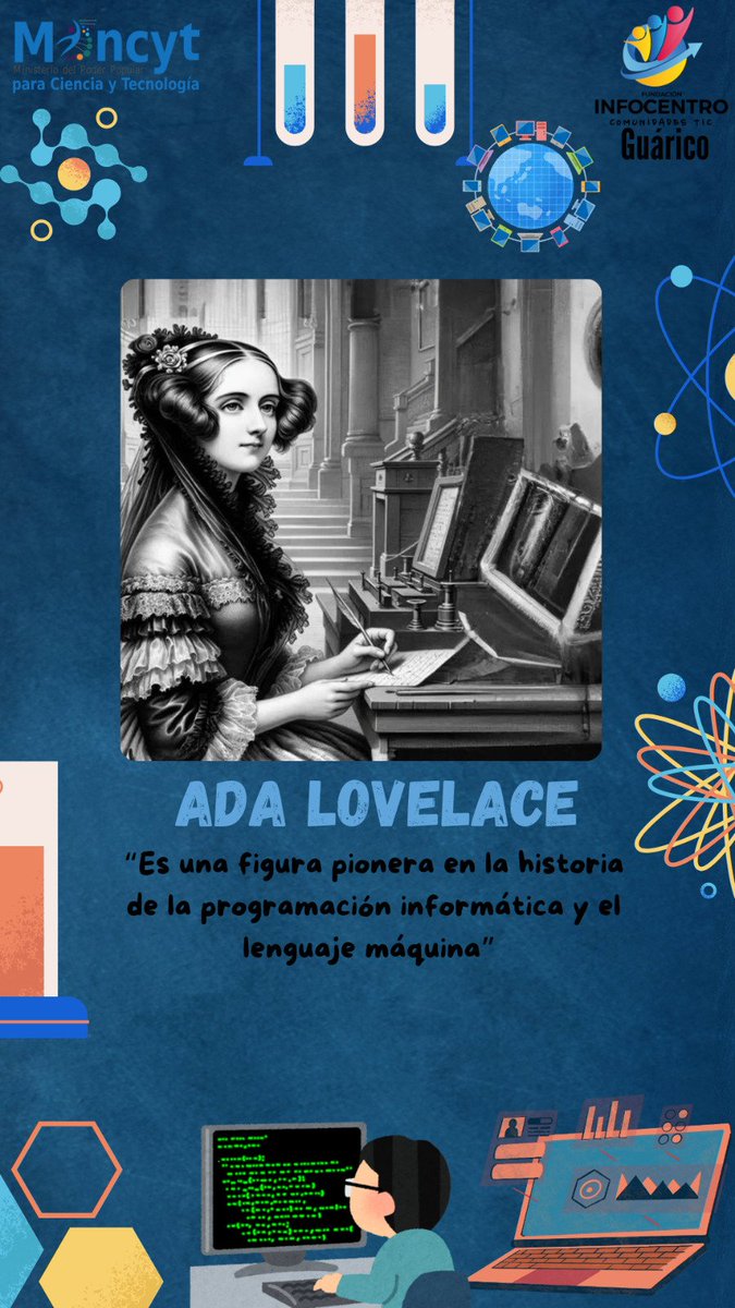 Ada Lovelace trabajó con Charles Babbage, matemático y científico británico. Juntos trabajaron en la calculadora denominada máquina analítica  #InfocentroGuárico #CienciaParaLaVida <a href="/AurelysInfo/">AurelysInfGua21</a> <a href="/BrigadasCHCH/">Brigadas comunicacionales Hugo Chávez</a> <a href="/CoromotoMi85630/">miguel coromoto</a> <a href="/nohemirodrigue2/">Nohemi Rodriguez</a> <a href="/NoheBrigadaGua/">comgua</a>