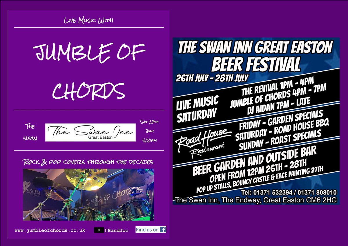 Hi Everyone! Next up, we're playing The Swan Inn, Great Easton at their Beer Festival on 27th July. Fingers crossed for some decent weather and we'll see you there!