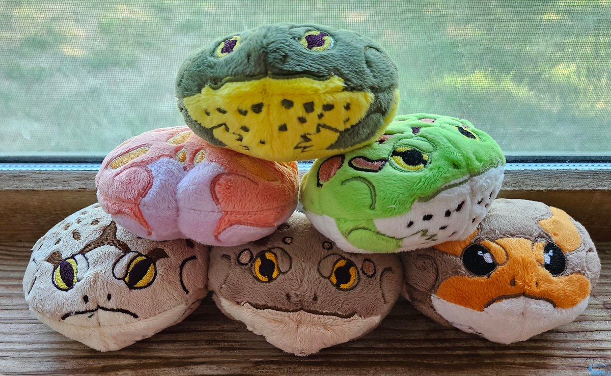 plushypuppy's tweet photo. Plopfrogs! Can you guess all the species? Hint, there's a toad hiding among them!  4.5 inches wide and weighted with polybeads.
  These guys will be up in my shop this evening at 5pm CT. https://t.co/SlYC5lhPUC
