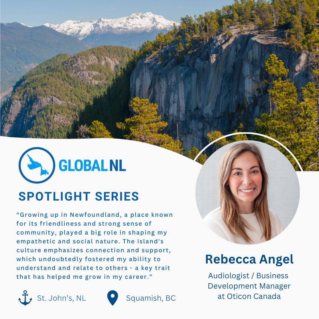 🌟 #SpotlightSeries: Meet Rebecca Angel! 🌟 

Originally from St. John's NL, Rebecca now calls Squamish, BC her home. As a business development pro at Oticon Canada, she creates tools for the pediatric hearing aid market, supporting kids with hearing loss.

#GlobalNL #Networking