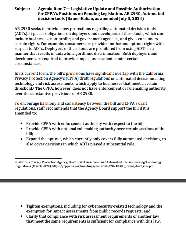 Staff at the California Privacy Protection Agency are recommending that the agency take a 'support if amended' position on AI bias bill (AB 2930). 
cppa.ca.gov/meetings/mater…