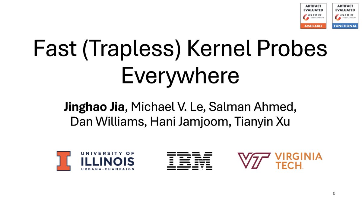 tianyin_xu's tweet photo. At Operating Systems #ATC, @Jinghao_J presented Universally Fast (Trapless) Kernel Probes (#Kprobe). He shows that trapless kprobes can always be done with smart compiler tricks to replace int3 traps with direct control-flow transfer instructions and a smart trampoline. It's a collaboration with @IBMResearch and @VT_CS.