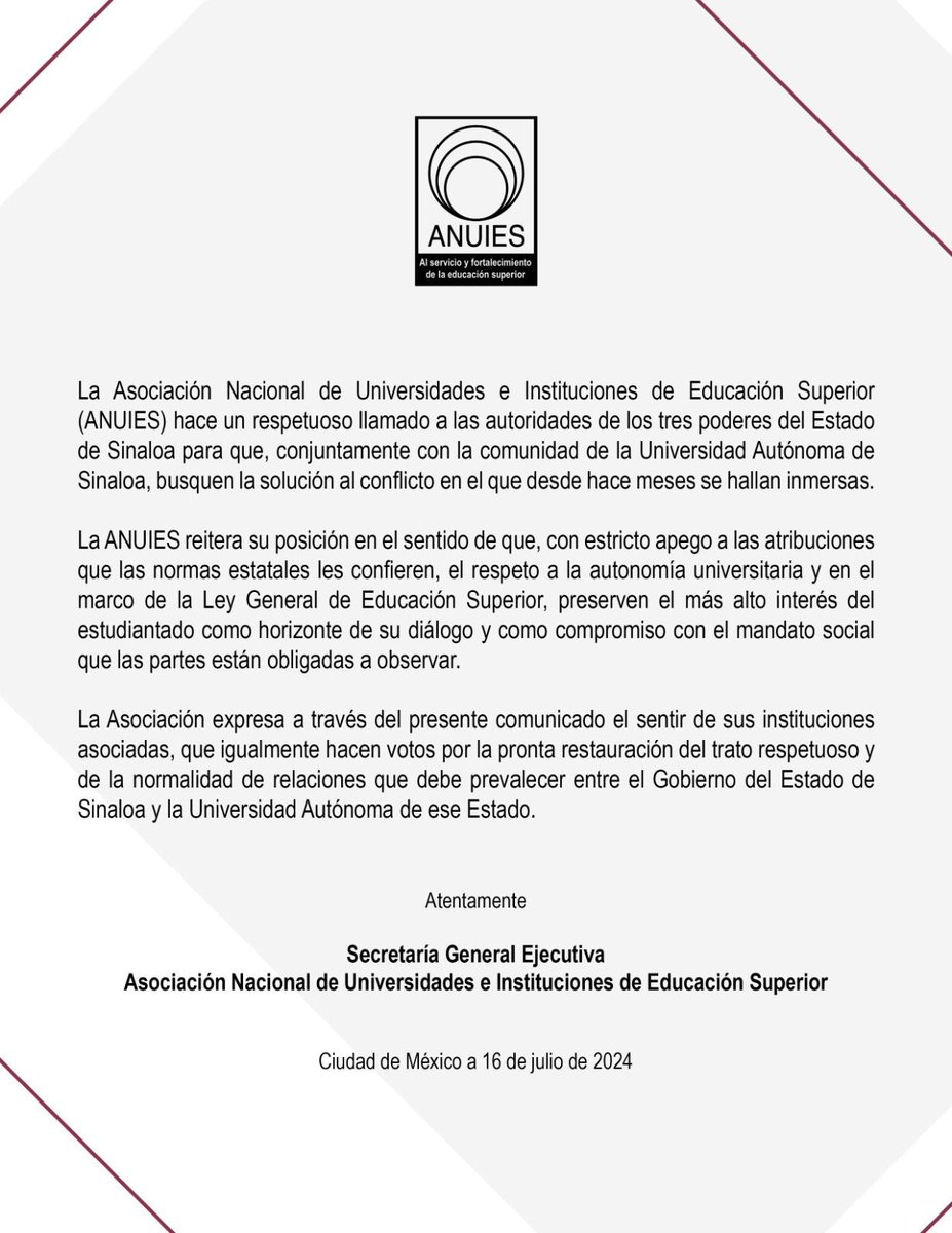 ANUIES's tweet photo. #Comunicado. #ANUIES hace un llamado a las partes a resolver el conflicto en la UAS https://t.co/3P8iTT3lb4