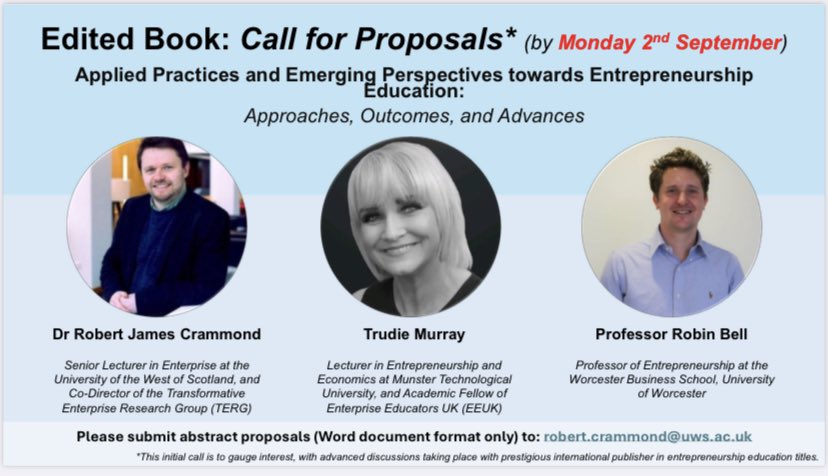 Dr Robert J Crammond (@adveeuni) on Twitter photo 📚 Call for Abstract / Chapter proposals (by 2nd September)
Applied Practices and Emerging Perspectives towards Entrepreneurship Education: Approaches, Outcomes, and Advances*
Editors: <a href="/AdvEEUni/">Dr Robert J Crammond</a>, <a href="/TrudieMur/">Dr Trudie Murray</a> & <a href="/dr_robinbell/">Robin Bell</a>
Link for more info 👉
linkedin.com/posts/robertcr… 📚 Call for Abstract / Chapter proposals (by 2nd September)
Applied Practices and Emerging Perspectives towards Entrepreneurship Education: Approaches, Outcomes, and Advances*
Editors: <a href="/AdvEEUni/">Dr Robert J Crammond</a>, <a href="/TrudieMur/">Dr Trudie Murray</a> & <a href="/dr_robinbell/">Robin Bell</a>
Link for more info 👉
linkedin.com/posts/robertcr…