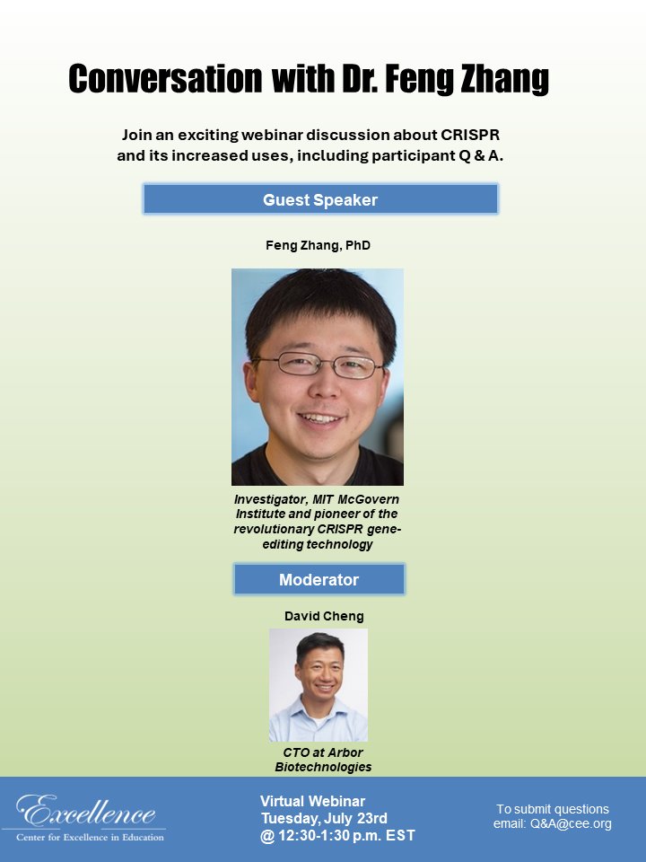 CEE1983's tweet image. CEE is hosting a &quot;Conversation with Dr. Feng Zhang,” focused on the future of CRISPR, on Tuesday, July 23rd from 12:30-1:30 p.m. ET on Zoom. Register at  us02web.zoom.us/webinar/regist…

More information is at cee.org/newsevents/pre…

#CRISPR #CRISPRTechnology
