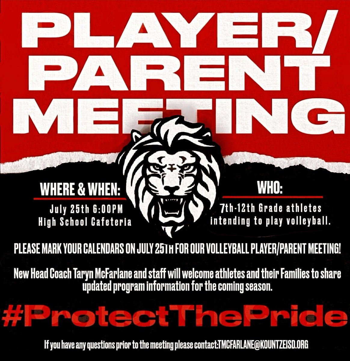 📣📣UPDATE UPDATE UPDATE!!  7TH-12TH GRADE!!

WE'D LIKE TO WELCOME ALL KOUNTZE VOLLEYBALL PLAYERS AND PARENTS TO ATTEND OUR INFORMATIVE 2024-25 SEASON PARENT MEETING.

GRADES 7TH-12TH. MEET THE COACHING STAFF,  RECIEVE SCHEDULES,  Q&amp;A!

  JULY 25TH 6PM HIGH SCHOOL CAFETERIA.