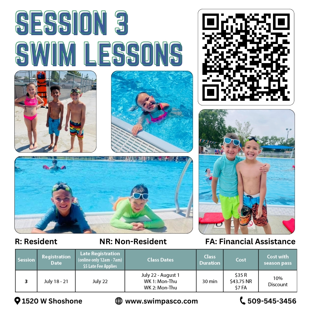 There are 2 sessions of swim lessons left this summer. Session 3 registration begins this Thursday, July 18th at 8 am online, or in person at the Recreation office.
Be prepared, create your new account online at swimpasco.com!