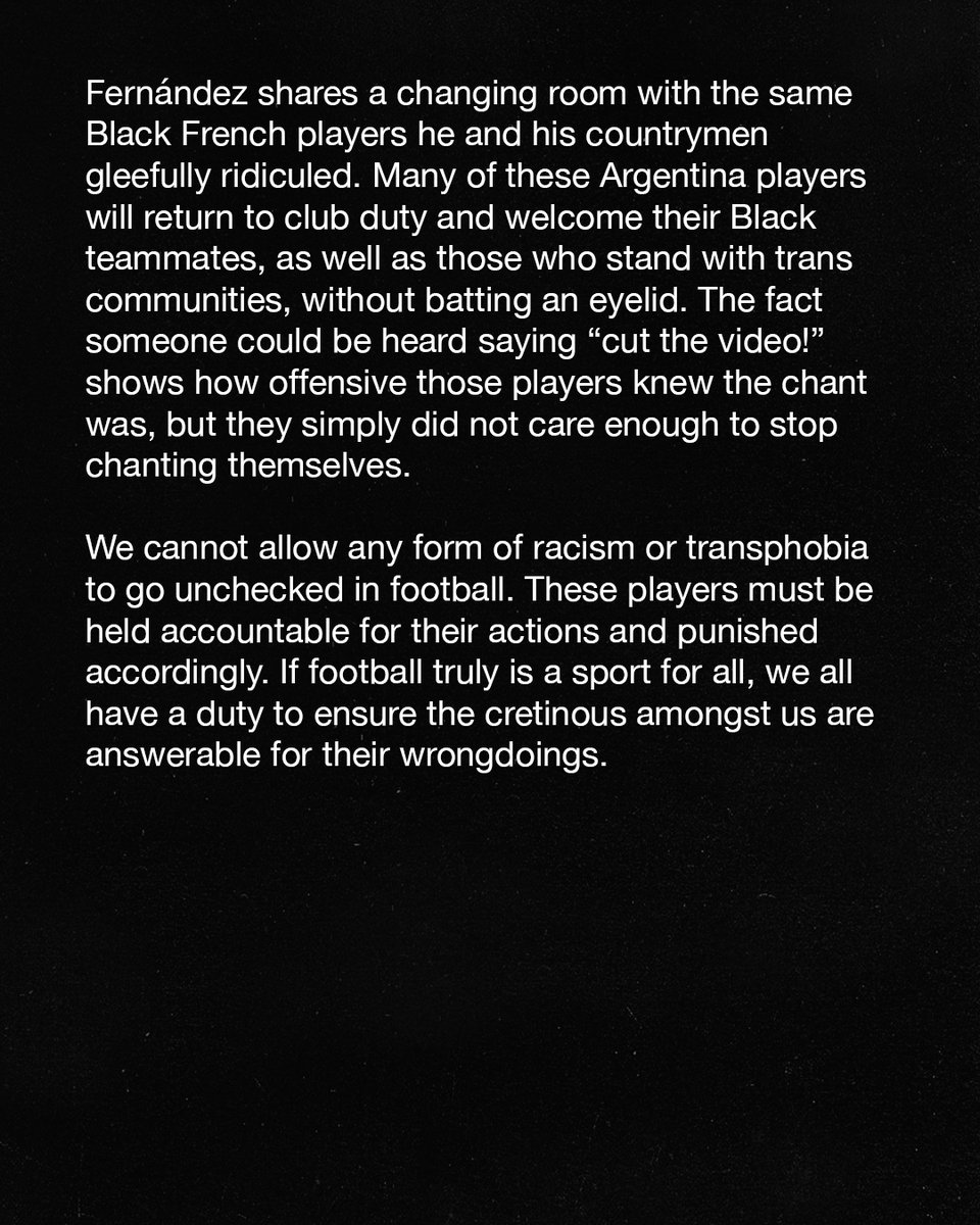 We need to hold the Argentina national team accountable for their racism and transphobia.