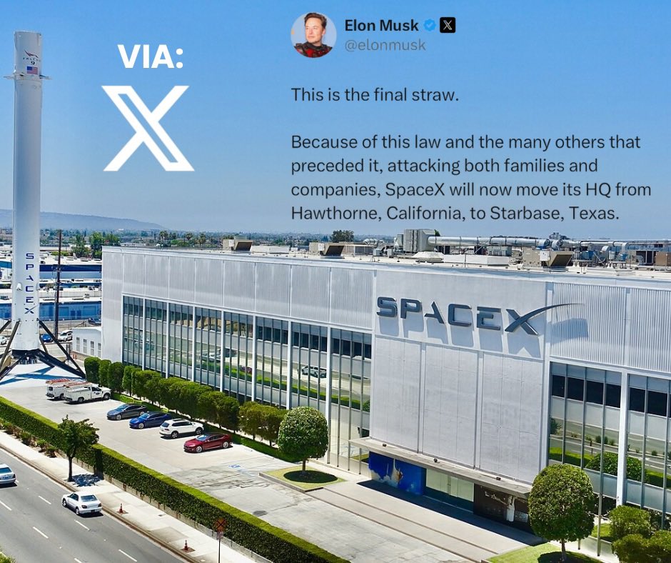 ComingSoonRGV's tweet photo. According to a post from Elon Musk on X, SpaceX will be relocating its headquarters from Hawthorne, California to Starbase, Texas.
#ElonMusk #SpaceX #StarbaseTX #SpaceXHQ https://t.co/bYkqxkYb6L