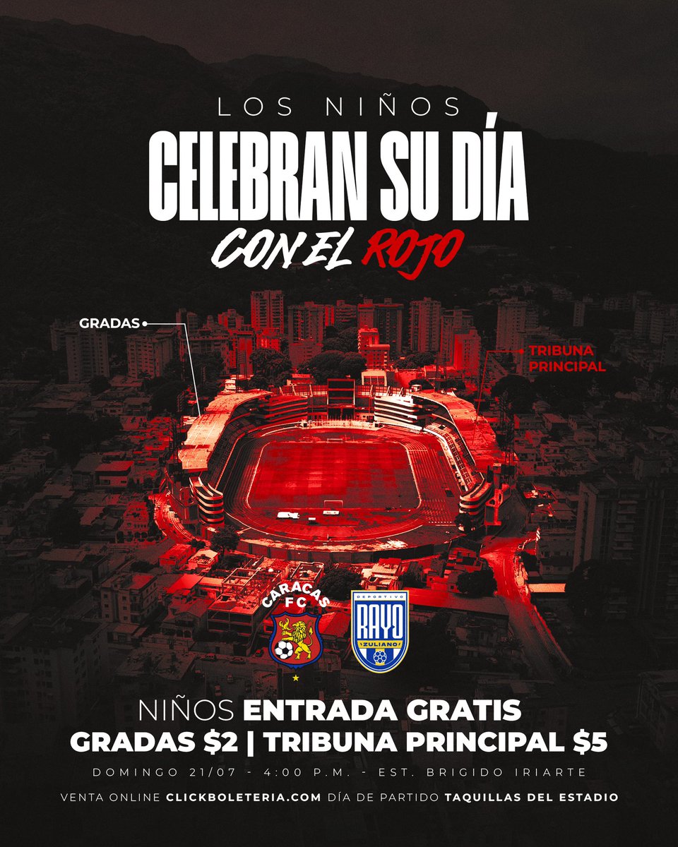 Caracas_FC's tweet photo. ¿𝗟𝗶𝘀𝘁𝗼𝘀 𝗽𝗮𝗿𝗮 𝗿𝗲𝗴𝗿𝗲𝘀𝗮𝗿 𝗮𝗹 𝗕𝗿𝗶́𝗴𝗶𝗱𝗼? 🙌🏻🤩

Inicia la venta online para el partido vs Rayo Zuliano por la J2 del Torneo Clausura de la @ligafutve ⚽️

🗓️ Domingo 21/07 
⏰ 4:00 P.M. 
🆚 Rayo Zuliano 
🎟️ @Clickevento | https://t.co/JNjqpN2Nha | Día del partido en la Taquilla del Estadio Brígido Iriarte 
💰 Gradas $2 | Tribuna $5 
😃 Niños gratis para celebrar su día con el Rojo 

¡El Brigido vuelve a ser nuestra casa! ❤️

¡El Domingo todos JUNTOS! 🫂

#SomosCaracas #LigaFUTVEBancodeVenezuela