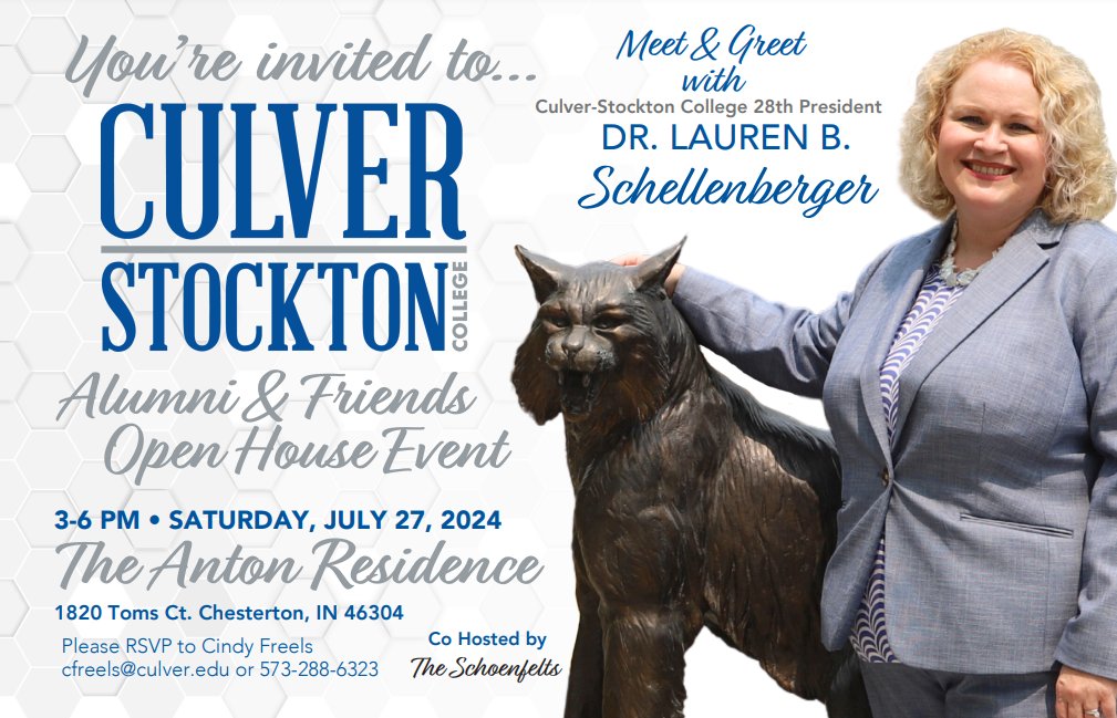 CSCAlumni's tweet image. Join us for a Meet & Greet in the Northern Indiana area on Saturday, July 27, 2024, from 3-6 p.m.
Dr. Lauren B. Schellenberger, Culver-Stockton College’s 28th President, will be hosted by the Antons and Schoenfelts.
Register Now: bit.ly/CSCNorthernInd…