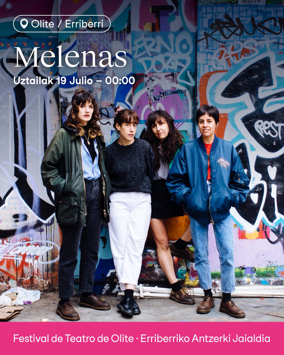 🎭🎵 Festival de Teatro de Olite
MELENAS 

Sus canciones son un alarde de pop atemporal con melodías brillantes, líneas frescas de bajo, teclados vibrantes y baterías kraut que se adornan con crepitantes phasers y se envuelven en armonías vocales.

<a href="/melenasband/">Melenas</a> <a href="/DramaticaerranT/">La Dramática Errante</a>