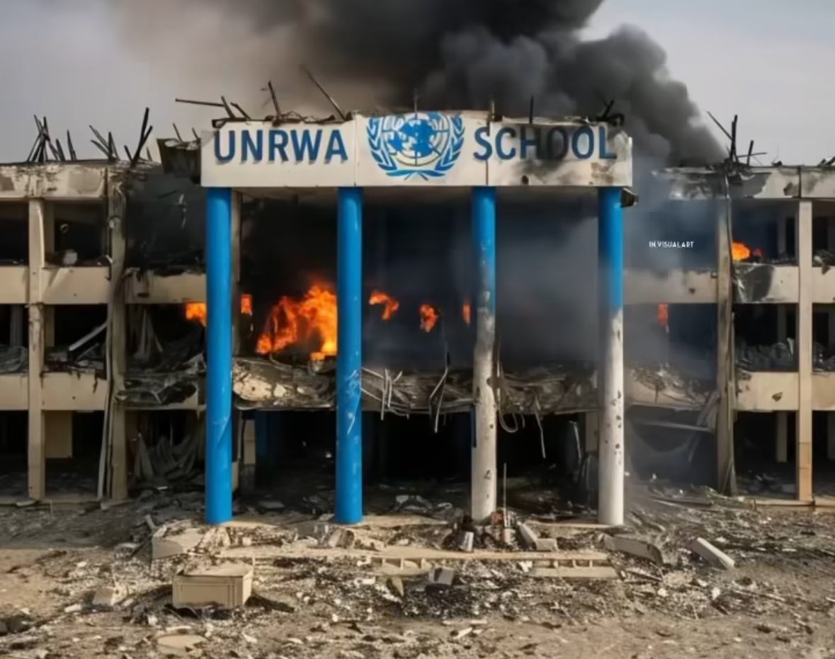 KNEECAPCEOL's tweet photo. A school in Gaza today. 

Bombed to pieces with US and British bombs and not a word from any “leaders”.

FUCK ISRAEL https://t.co/zFTytz5aJ3