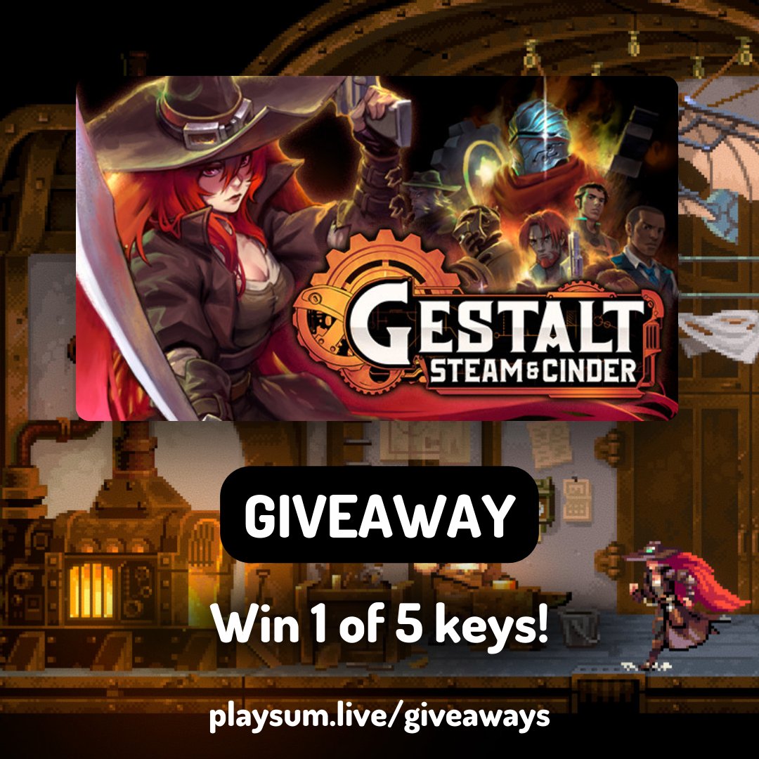 #Giveaway We have 5 keys for Gestalt: Steam &amp; Cinder that we’ll be giving away! Thanks to our friends at <a href="/FireshineGames/">Fireshine Games 🎮</a> &amp; <a href="/GestaltGame/">Gestalt: Steam & Cinder</a> 🙏

Join Aletheia &amp; her crew in the Steam City of Canaan! ⚔️Clobber armies of Clockwork golems, thwart the twisted schemes of Canaan’s corrupt