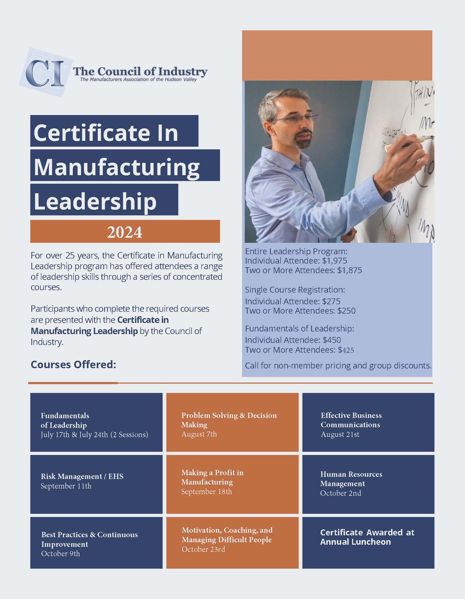 The Council of Industry's prestigious Certificate in Manufacturing Leadership Course kicks off this Wednesday!

Enhance your leadership skills, network with industry experts, and advance your career with this comprehensive program. 

Learn more 🔗 members.councilofindustry.org/events/certifi…