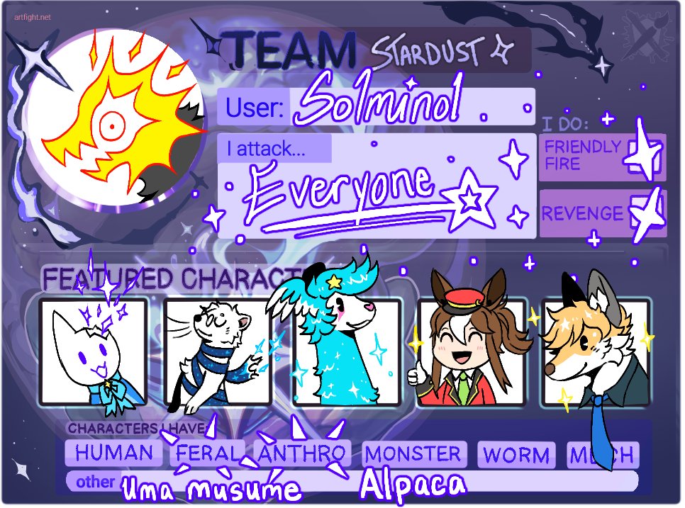 is it too late to post my AF card lol?

artfight.net/~Solminol