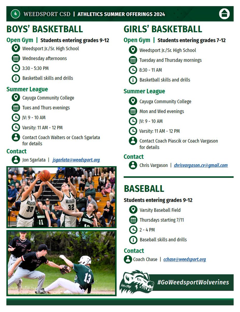 Want to get involved? Stop scrolling &amp; check these out!! 
There has been a lot of activity happening in our athletic programs at the HS thus far. Many of our programs offer open gyms, clinics, summer leagues &amp; more over the summer. Check out this listing of athletic offerings!