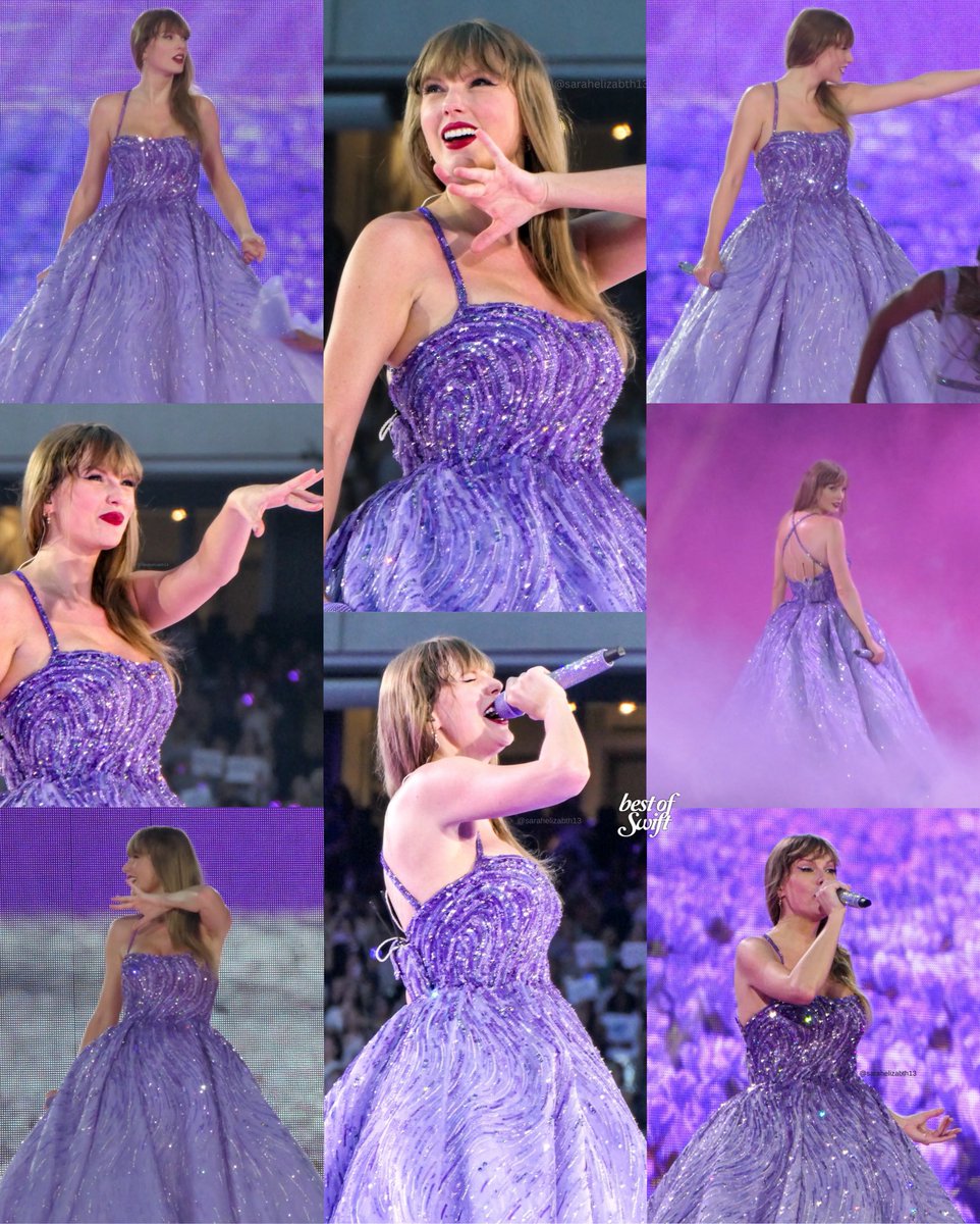 the purple dress looks so good on her.