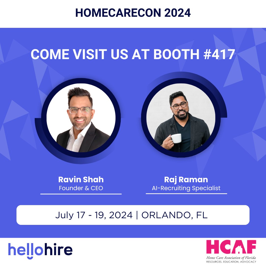 HomeCareCon 2024 - Hellohire is here! Come say hi at booth #417!

#HomeCareCon #HCAF #HomeCare #HomeHealth