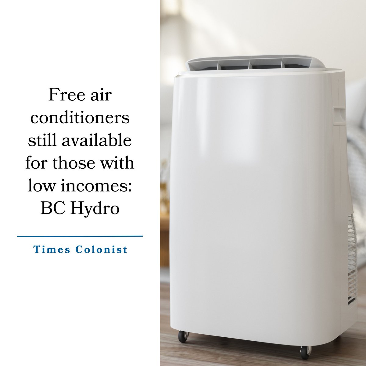 BCGovNews's tweet photo. Free air conditioners are still available for the people who need them most. Eligible households with annual income up to $105,000 a year can apply: https://t.co/bWrpUD8LWX People with a referral from their local health authority do not need to provide proof of income. https://t.co/Z3a1i2aeUB