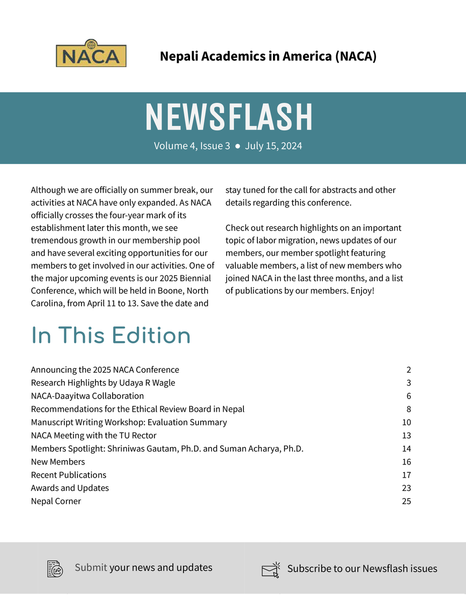 The latest issue of NACA Newsflash 4.3 is here. Save the date for 2025 Conference (April 11-13) in Boone, NC. See inside for the updates on our collaborative projects and some great work by our members. Pls share widely. #NepaliDiaspora #NepaliAcademics 

nepaliacademics.org/news/13382354