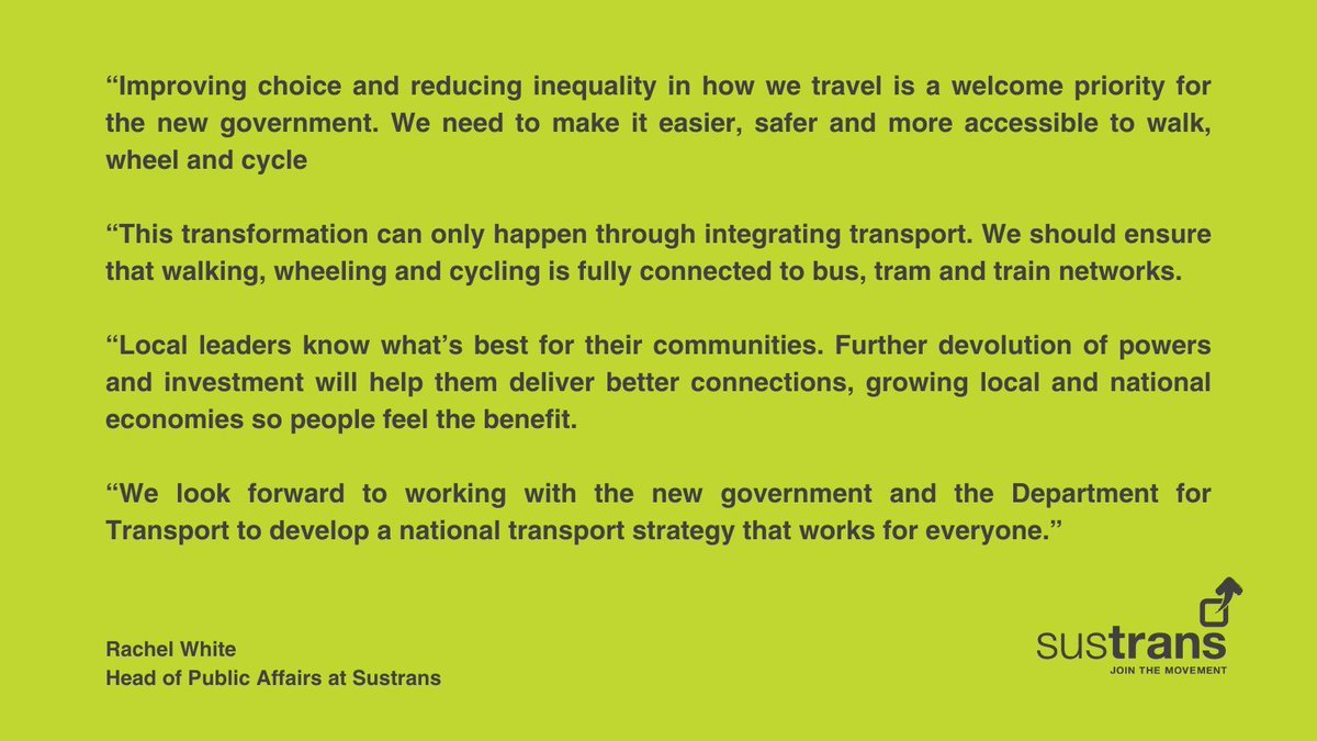 WalkWheelCycleT's tweet image. The new Secretary of State for Transport, Louise Haigh (@LouHaigh)  has announced her 5 priorities for the Department for Transport.

Rachel White Head of Public Affairs at Sustrans, responded to the new government’s priorities with this statement:
