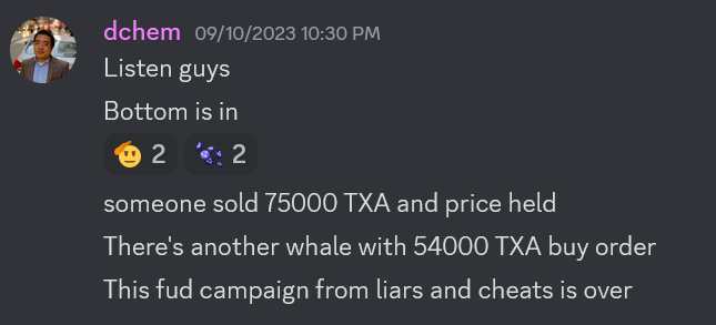 TXAVictims's tweet photo. The price takes a beating, diving from $1 to $0.1 within 8-month period. Around this time @jae_tacen announces that "bottom is in". The price stabilizes for 4 months, but then it all takes a dramatic turn.

4/10 https://t.co/2cl0sg5SME