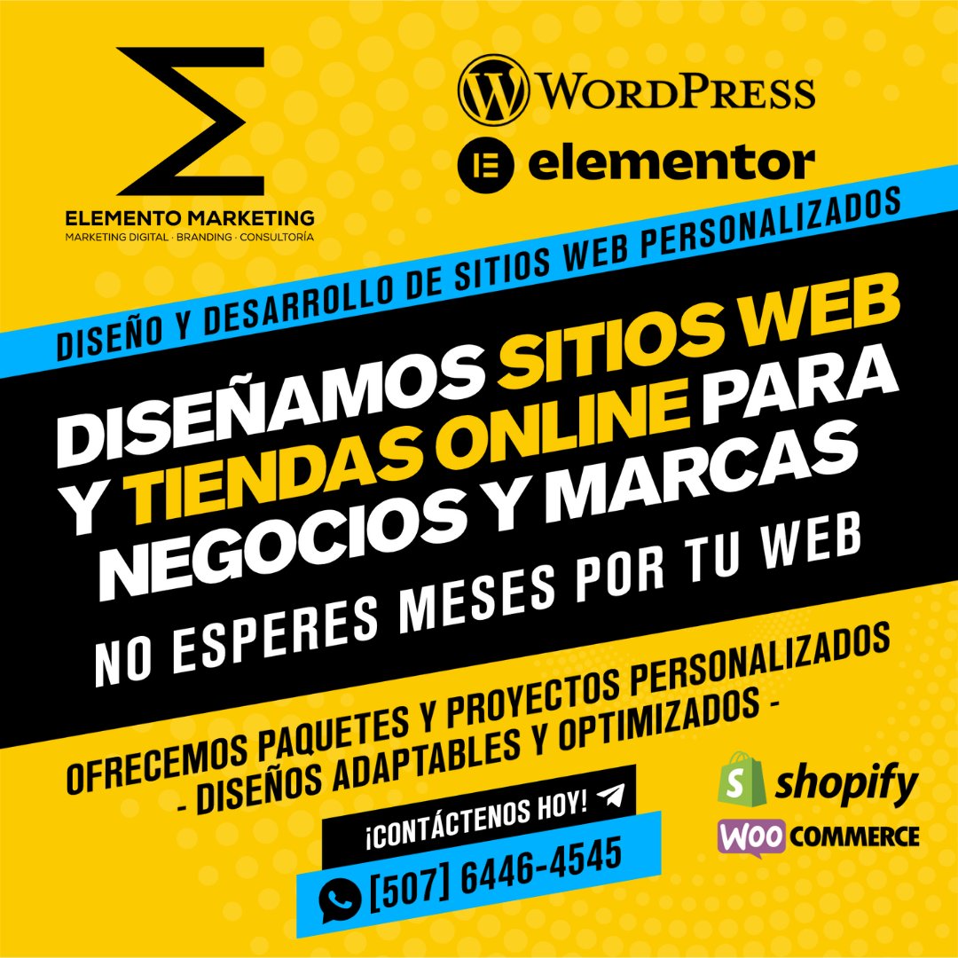ElementoMktg's tweet photo. 🚀 ¡Diseñamos Sitios Web y Tiendas Online Profesionales! 🚀
¿Estás listo para llevar tu negocio al siguiente nivel?
En Elemento Marketing, estamos aquí para hacer que tu presencia en línea destaque con nuestro servicio de diseño de páginas web personalizadas y tiendas online optimizadas.

Contáctanos:
✳️ WhatsApp: (+507) 6446-4545

🌐 Visítanos en:
 https://t.co/mnZHM4xdEs

🌀 Hashtags:
#DiseñoWeb #TiendasOnline  #WebDesign #Ecommerce