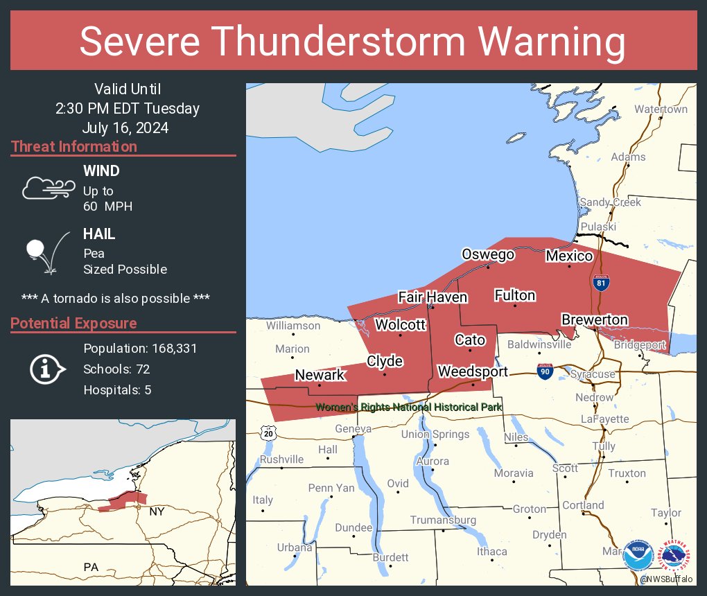 NWSBUFFALO's tweet photo. Severe Thunderstorm Warning including Oswego NY, Fulton NY and  Newark NY until 2:30 PM EDT https://t.co/Fi7DB10Hsq