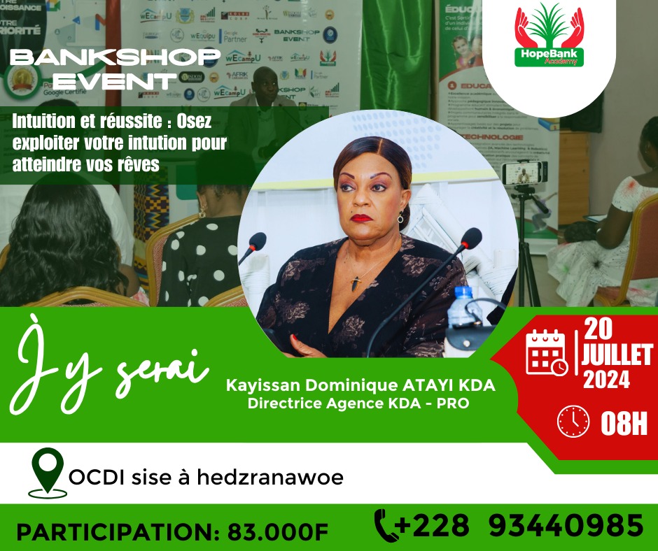 Wequipu_Intl's tweet photo. Mme Dominique Kayissan ATAYI (KDA) Directrice de l'agence KDA-PRO, sera avec nous ce Samedi 20 Juillet! Ne manquez pas cet atelier. Inscrivez vous maintenant https://t.co/oKhIqcpHs8

Infos: 93440985/93576212
#KDAPRO #productivité #BankShop #atelier https://t.co/LXITpGj55h