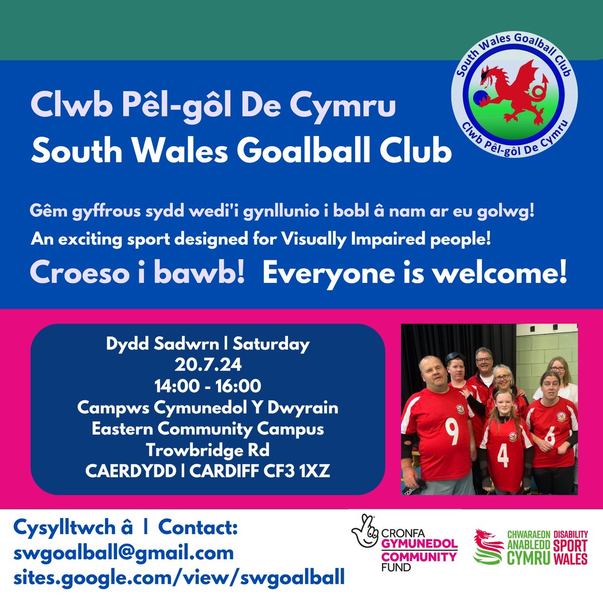 Dewch i sesiwn Caerdydd ar bnawn Sadwrn. Diolch i AKW Medi-Care Ltd am gyfrannu tuag at gostau ein sesiynau.

Come to our session in Cardiff this Saturday afternoon. Thanks to AKW Medi-Care Ltd for contributing towards the cost of our sessions.

#TeuluPêlgôl
#GoalballFamily
