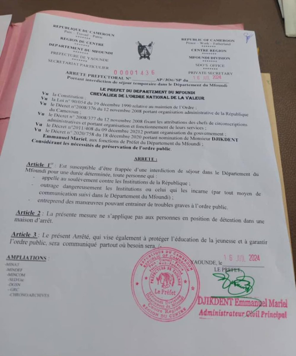 BerthierAce's tweet photo. Le préfet du Mfoundi dit que les citoyens peuvent être frappés d'une interdiction de séjour dans son département..
#WhatsAppNews
#ChezMoiAuCmr
En cas de...
👇🏿👇🏿👇🏿 https://t.co/Ehu4IQaNZ0