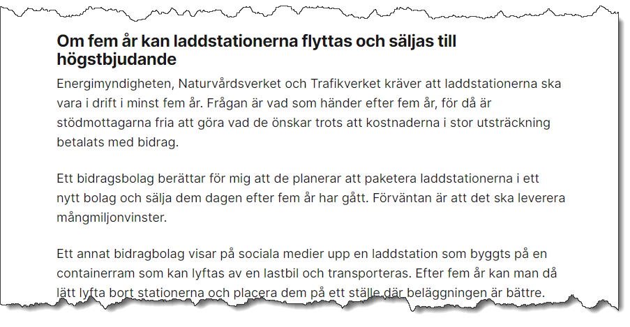 Nu planerar de hungriga bidragsbolagen för exit om 5 år. Skattebetalarna bjöd på miljarderna till laddstationerna för att påskynda "grön omställning". Men blev det en överetablering när kartorna inte fungerade. Läs mer på jensnylander.com/karthaveri-kal…