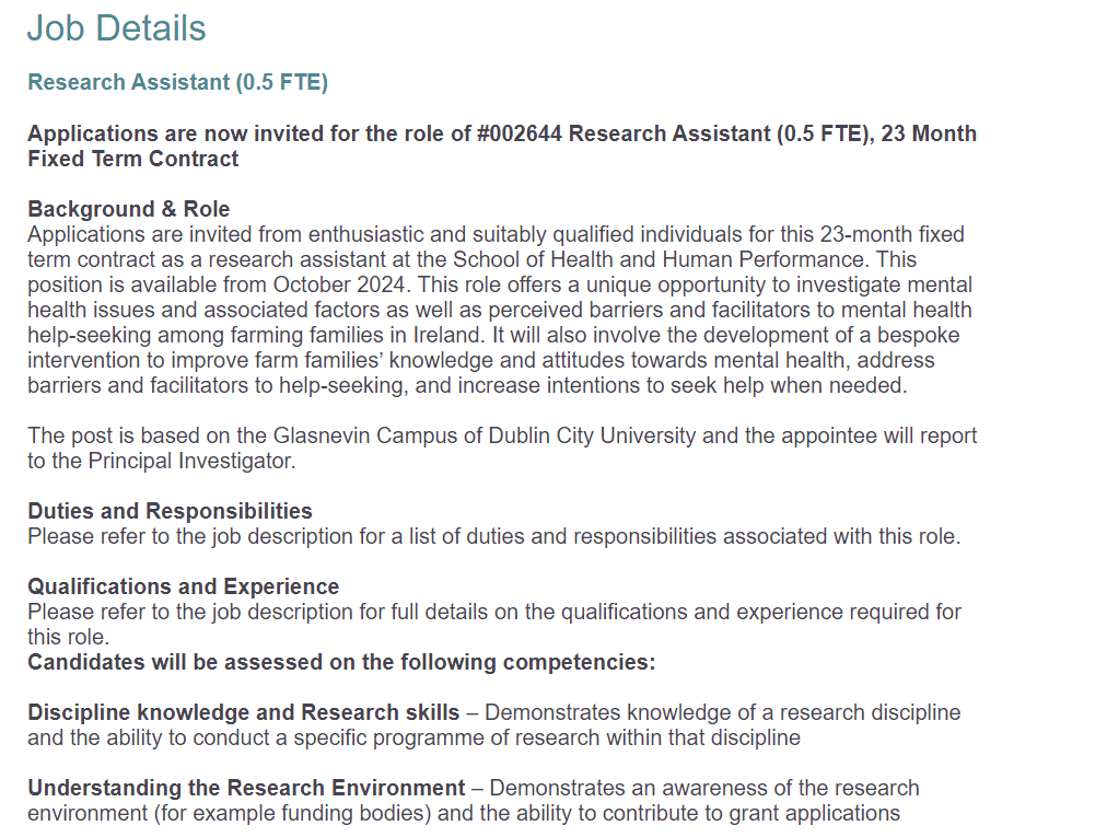 Siobhán O Connor (@siobhanoconnor3) on Twitter photo *Interested in mental health & rural Ireland?*
We are hiring a Postdoc (24 month 1.0FTE post) & Research Assistant (23 month 0.5FTE post) starting Sept 2024 looking at improving mental health help-seeking in Irish Farm Families. More info on <a href="/DCU/">Dublin City University</a> website:
dcu.ie/hr/vacancies-e… *Interested in mental health & rural Ireland?*
We are hiring a Postdoc (24 month 1.0FTE post) & Research Assistant (23 month 0.5FTE post) starting Sept 2024 looking at improving mental health help-seeking in Irish Farm Families. More info on <a href="/DCU/">Dublin City University</a> website:
dcu.ie/hr/vacancies-e…
