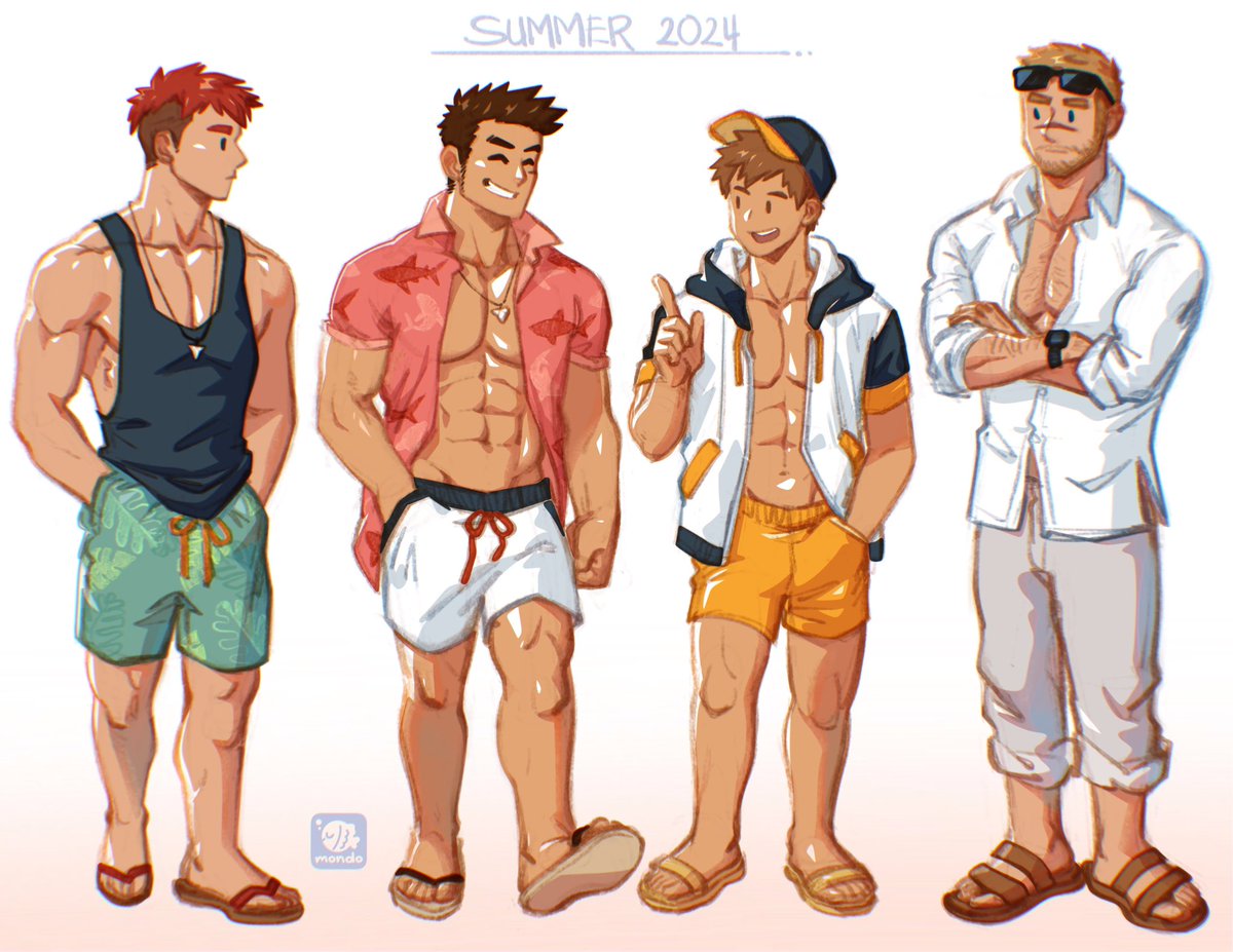 MondoArt1's tweet photo. Yesterday’s stream results! Heres the 4 boys in their beach outfit. They’d gladly take their top off to swim or tan ofc, but its nice to be fashionable! #summerfashion #mondoart #ganta #raeyr #rao #leius https://t.co/OulpvXgFxQ