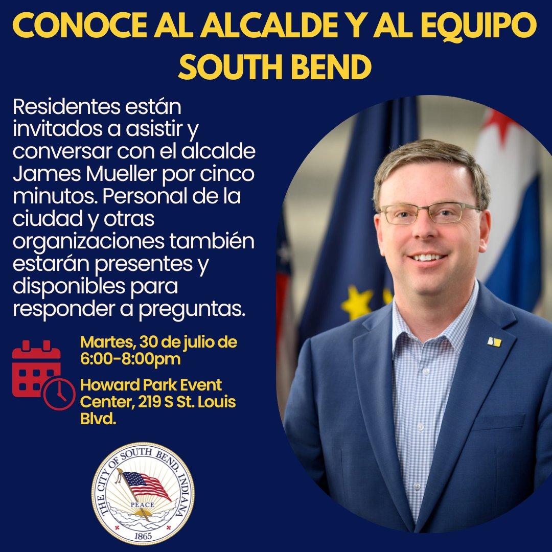 The City of South Bend will host the next quarterly Meet the Mayor and Team South Bend event on Tuesday, July 30 from 6-8:00 p.m. at the Howard Park Event Center.
Residents are invited to attend and have a  5-minute conversation with Mayor James Mueller and other city officials.