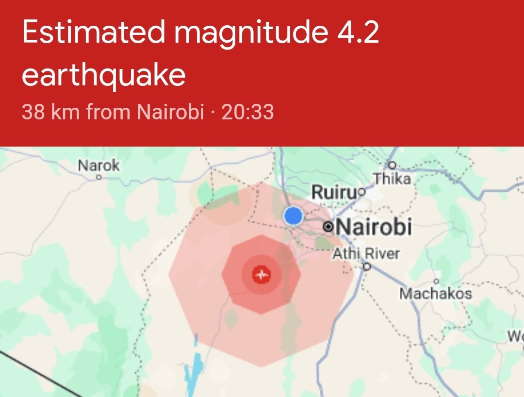 IAPNews's tweet photo. NOW — Estimated magnitude 4.2 earthquake 38KM from Nairobi felt around 20:33 local time.

Tremor felt in most areas surrounding Nairobi https://t.co/NTnmJ5JqiB