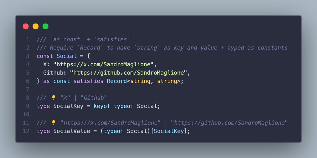 Typescript wizardy: `as const` + `satisfies`

Combine both to have type safety on Record keys and values + constant inferred types

You can then extract both keys and values as unions using `keyof` and `typeof` 🧙