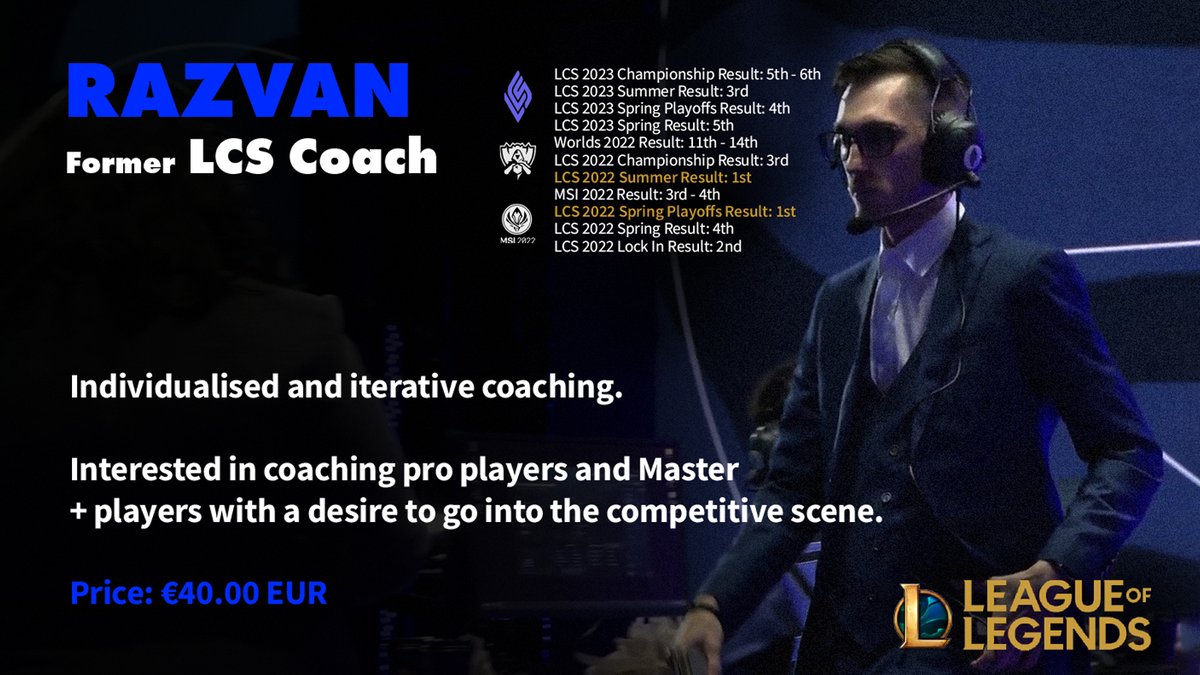 Hello everyone,

I will be offering Positional Coaching for League of Legends! 

Interested? Get in contact via DM!

Notable players that I have coached:
<a href="/jojopyunlol/">Jojopyun</a>  - LCS MVP Midlaner 
<a href="/Impact/">TL Honda Impact</a> - Legendary Toplaner &amp; World Champion
<a href="/Ssumday/">Ssumday</a> - Legendary Toplaner
<a href="/_Srtty/">Srtty</a> - Record