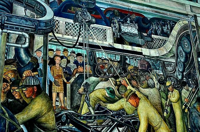 balajucapitan's tweet photo. Quizá cuando Diego Rivera pintó este mural en Detroit, no se imaginó que la industria automotriz superaría al petróleo en México y que sería capital en su eje con 🇺🇸. En el 1 semestre del 2024 🇲🇽 logró armar casi 2 mill de 🛻🚗,exportando 1.7 mill de unidades. https://t.co/1Z8ekYid7B